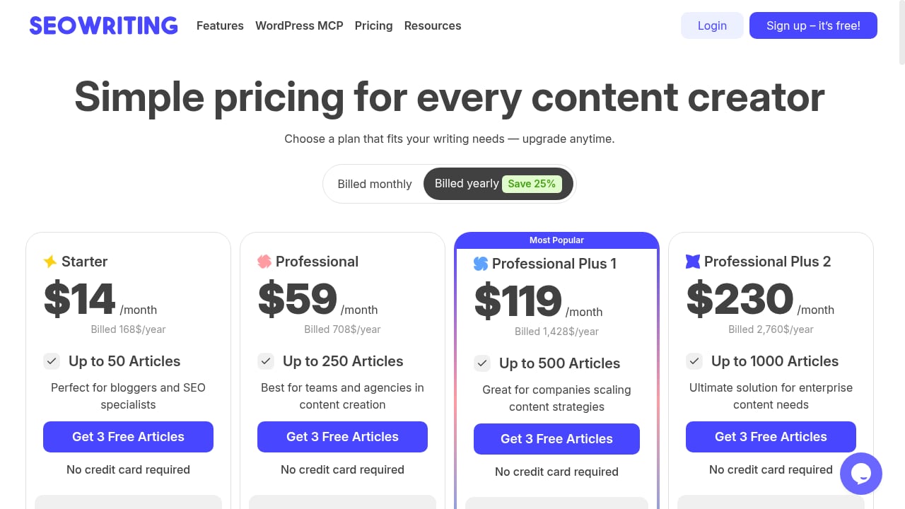 First viewport screenshot of SEOWriting Pricing – Flexible Plans for SEO Content Creation