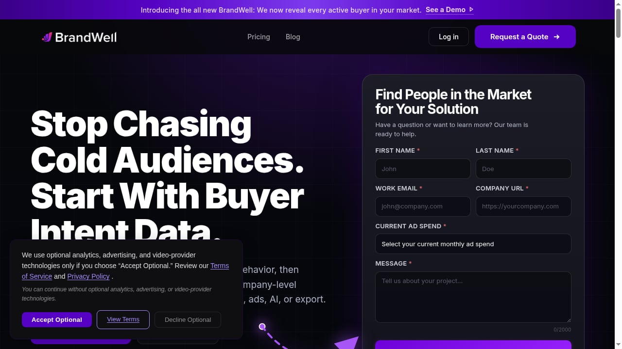 First viewport screenshot of Request a Custom BrandWell Quote | Intent Data, TrafficID & Enrichment